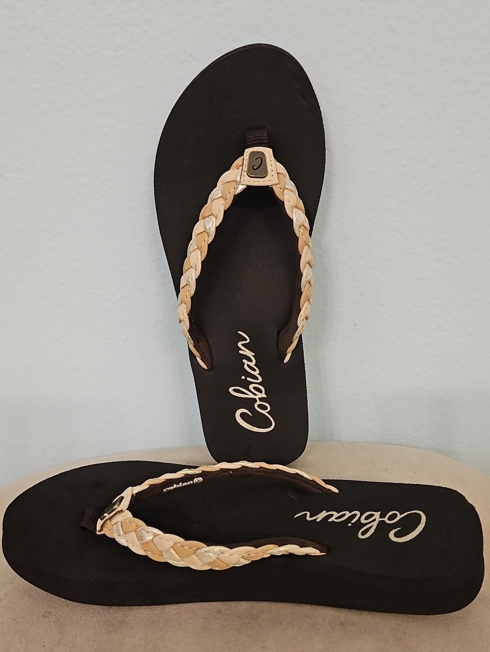 Cobian Women’s Flip Flop Sandals with Braided Tan Straps